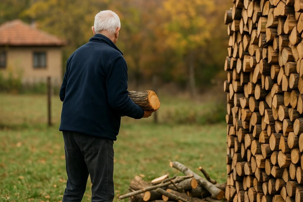 Възрастен мъж в тъмно яке подрежда дърва за огрев в двор с есенен пейзаж; на заден план се виждат селска къща и дървета в топли цветове.