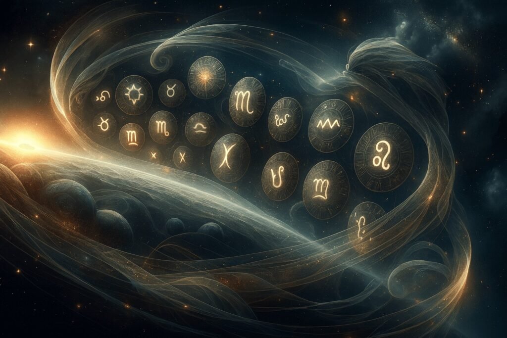 Мистично космическо изображение, изобразяващо дванадесетте зодиакални знака, обградени от звезди и галактически мъгли, в хоризонтален формат – илюстрация за хороскоп.