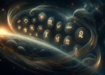 Мистично космическо изображение, изобразяващо дванадесетте зодиакални знака, обградени от звезди и галактически мъгли, в хоризонтален формат – илюстрация за хороскоп.