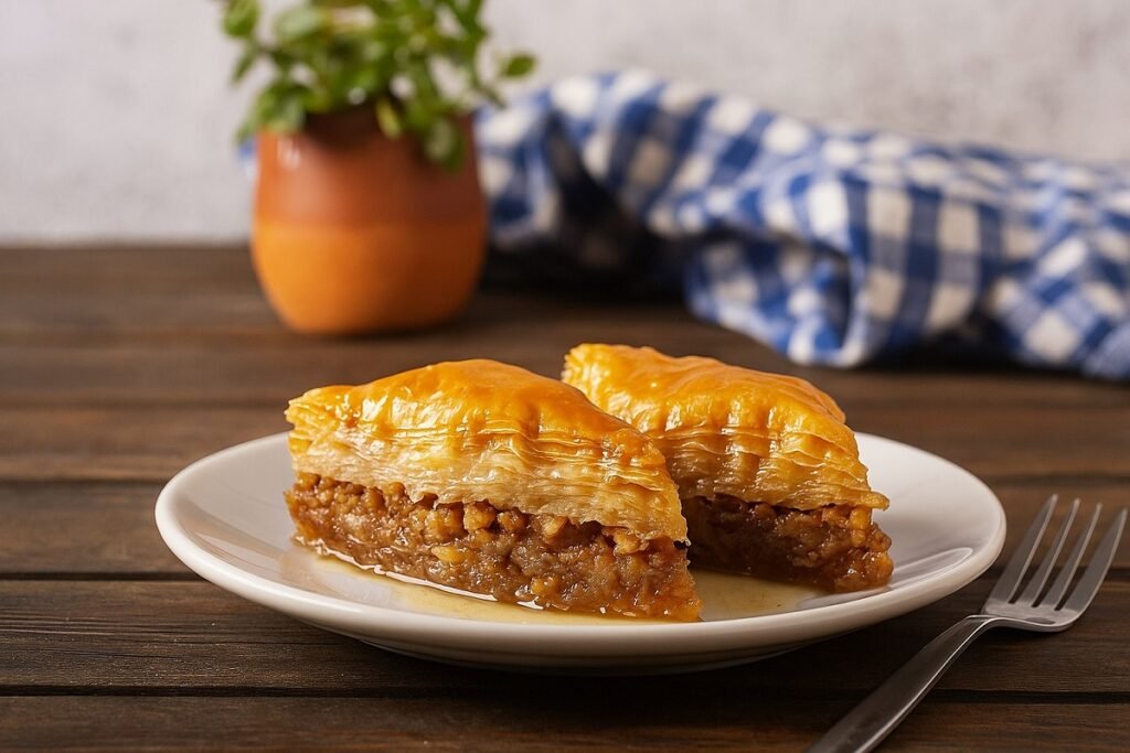 Традиционна гръцка баклава, поднесена в керамична чиния с орнаменти, на фон с бяло-сини гръцки мотиви и морска светлина, гарнирана с орехи и мед.