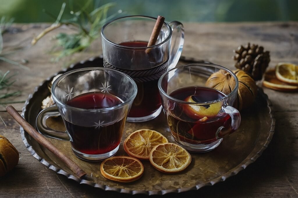 Три стъклени чаши с греяно вино, украсени с канелени пръчици и резени портокал, подредени върху дървена маса с коледен декор и топла, уютна светлина.
