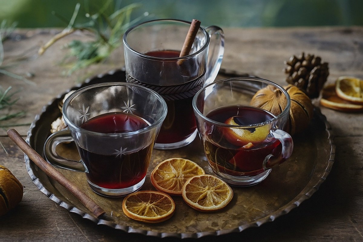 Три стъклени чаши с греяно вино, украсени с канелени пръчици и резени портокал, подредени върху дървена маса с коледен декор и топла, уютна светлина.
