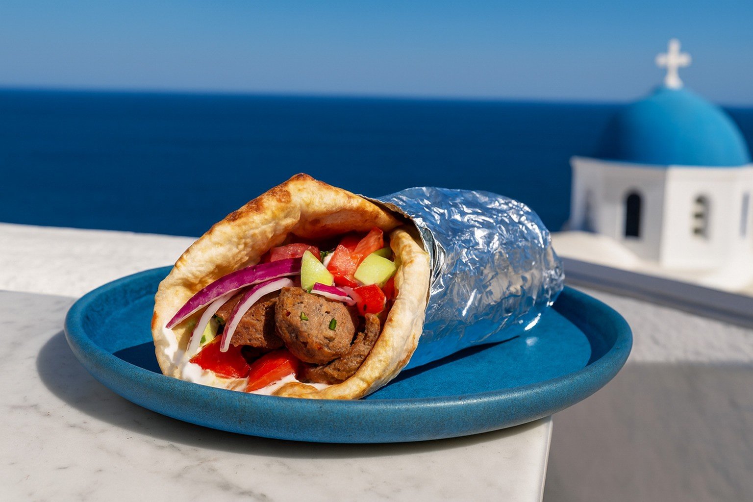 Гръцки гирос с агнешко, свежи зеленчуци и чеснов сос, увит в топла пита и алуминиево фолио, поднесен на синя чиния с гледка към морето в Гърция.
