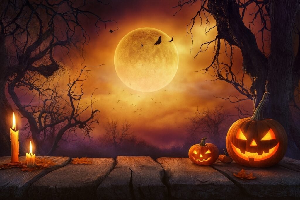Хелоуинска нощ с пълнолуние, тиквени фенери и свещи върху дървена маса, обгърната от мистична есенна светлина.