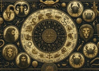 Винтидж дигитална илюстрация на зодиакално колело, изобразено в златисто и черно, с дванадесетте знака на зодиака, обградени от детайлни символи, звезди, планети и астрологични мотиви. Изображението е хоризонтално, без надписи, подходящо за хороскоп или астрологична статия.