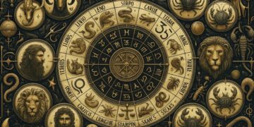 Винтидж дигитална илюстрация на зодиакално колело, изобразено в златисто и черно, с дванадесетте знака на зодиака, обградени от детайлни символи, звезди, планети и астрологични мотиви. Изображението е хоризонтално, без надписи, подходящо за хороскоп или астрологична статия.