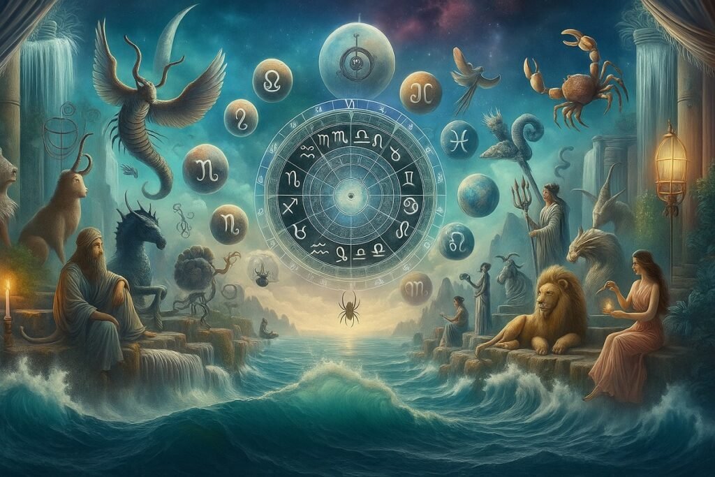 Цифрова илюстрация на зодиакалния кръг с всички дванадесет знака, заобиколен от митични същества, планети и небесни символи над океан, в мистична и фантазна атмосфера.