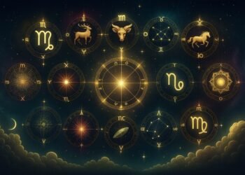 „Мистична илюстрация на зодиакален кръг със златни астрологични символи, разположени сред звезден нощен фон и меки облаци, символизираща космическа хармония и връзката между зодиите и Вселената.“