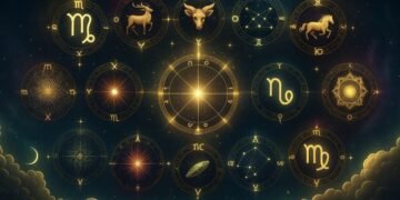 „Мистична илюстрация на зодиакален кръг със златни астрологични символи, разположени сред звезден нощен фон и меки облаци, символизираща космическа хармония и връзката между зодиите и Вселената.“