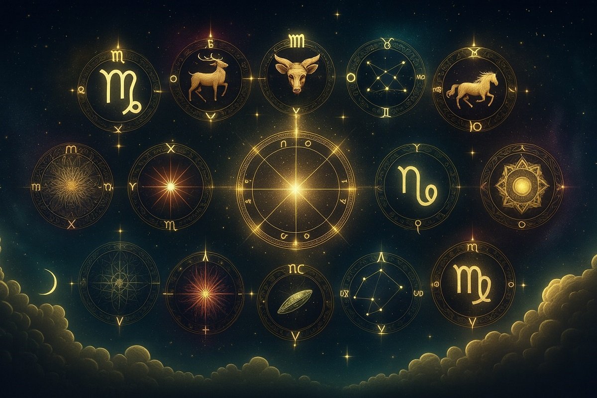 „Мистична илюстрация на зодиакален кръг със златни астрологични символи, разположени сред звезден нощен фон и меки облаци, символизираща космическа хармония и връзката между зодиите и Вселената.“