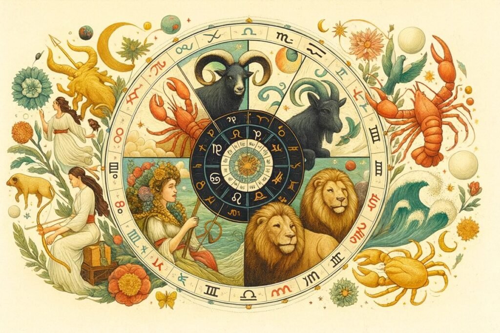 „Цветна илюстрация на зодиакален кръг с всички дванадесет знака – Овен, Телец, Близнаци, Рак, Лъв, Дева, Везни, Скорпион, Стрелец, Козирог, Водолей и Риби, символизираща месечния хороскоп за ноември 2025.“
