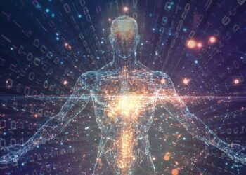 „Дигитално изображение на човешка фигура, създадена от светлинни и информационни линии, символизиращо сливането между човека и изкуствения интелект.“