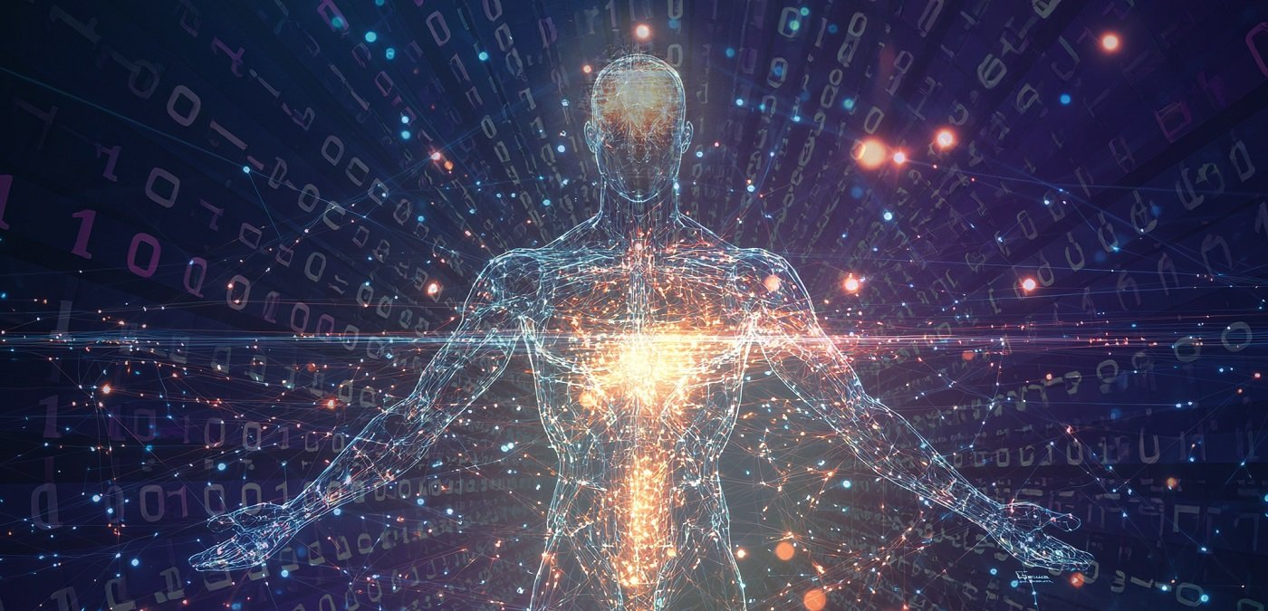 „Дигитално изображение на човешка фигура, създадена от светлинни и информационни линии, символизиращо сливането между човека и изкуствения интелект.“