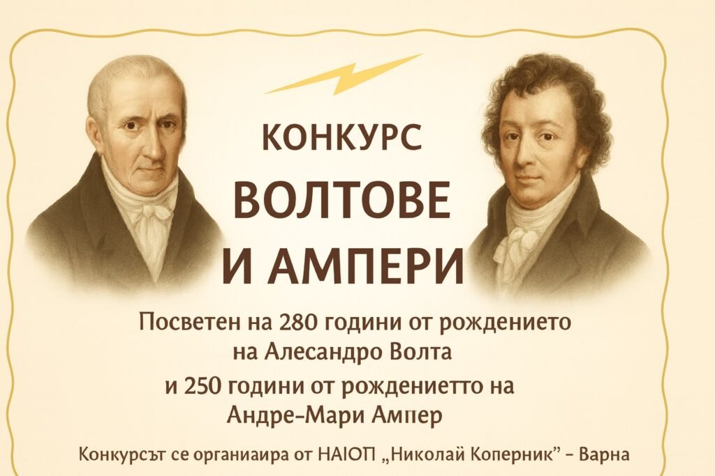 „Плакат на конкурса „Волтове и Ампери“, посветен на 280 години от рождението на Алесандро Волта и 250 години от рождението на Андре-Мари Ампер. Изобразени са портретите на двамата учени, а под тях е изписано, че конкурсът се организира от НАОП „Николай Коперник“ – Варна.“