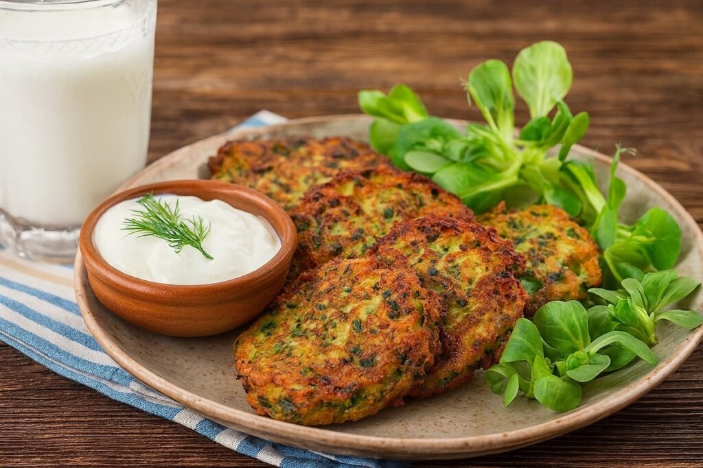 Турско ястие мюджвер – златисти кюфтета от тиквички с копър и сирене, поднесени в керамична чиния с купичка чесново кисело мляко и чаша айрян. Гарнирани са със свежи зелени листа, подредени върху дървена маса в топла, домашна обстановка.