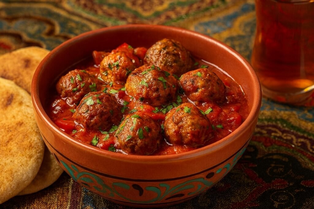 Апетитни турски мини кюфтета, изпечени във фурна и поднесени с гъст доматено-пиперен сос в ориенталска керамична купа. До тях има питки и чаша освежаваща напитка на фона на богато синя покривка.