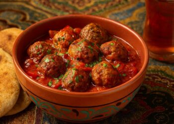 Апетитни турски мини кюфтета, изпечени във фурна и поднесени с гъст доматено-пиперен сос в ориенталска керамична купа. До тях има питки и чаша освежаваща напитка на фона на богато синя покривка.