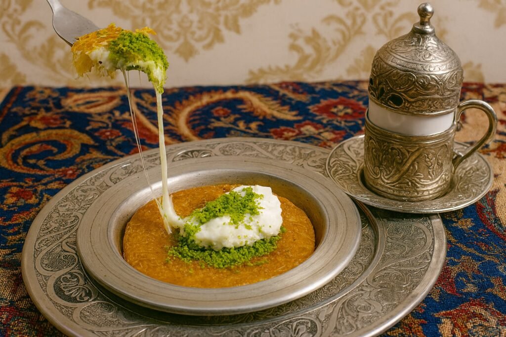 радиционно турско кюнефе, поднесено в сребърен съд с топящо се сирене и поръска от шамфъстъци, върху ориенталска покривка до чаша турско кафе в гравирана метална поставка.