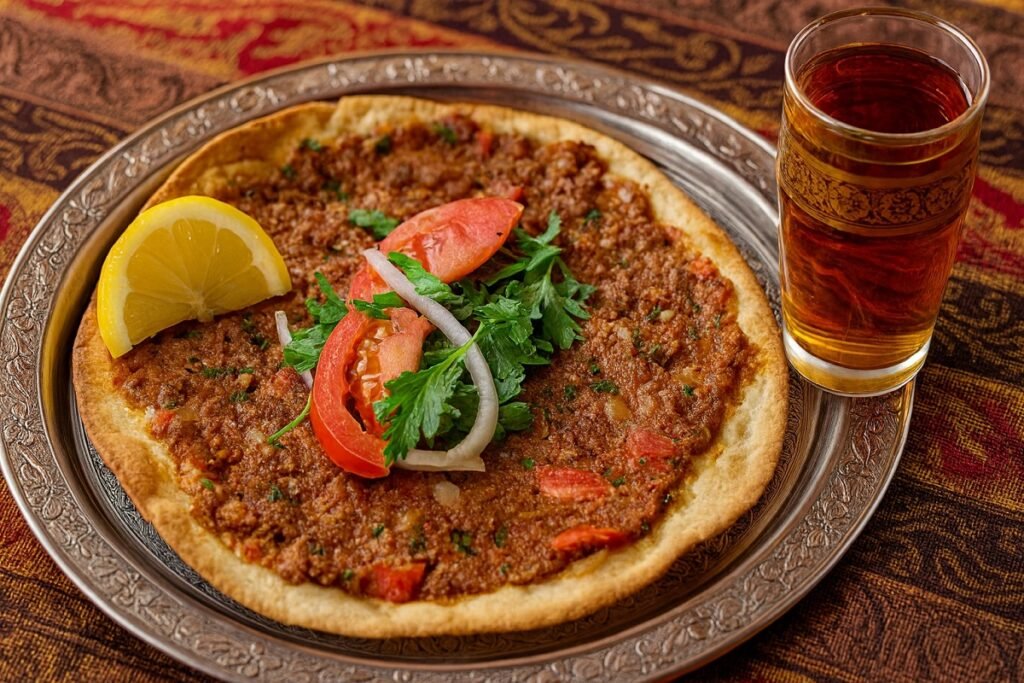 Турски лахмаджун – тънка ориенталска пица с мляно месо, домати, лук и магданоз, поднесена в ориенталски стил върху дървена дъска, гарнирана с лимон и свежа салата. До нея има традиционна чаша айрян, създаваща усещане за автентична турска кухня и домашна атмосфера.