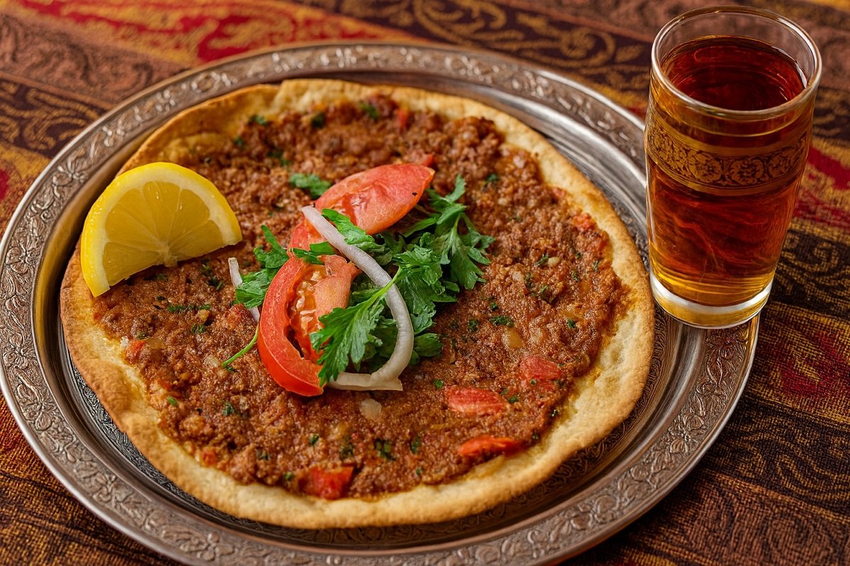 Турски лахмаджун – тънка ориенталска пица с мляно месо, домати, лук и магданоз, поднесена в ориенталски стил върху дървена дъска, гарнирана с лимон и свежа салата. До нея има традиционна чаша айрян, създаваща усещане за автентична турска кухня и домашна атмосфера.