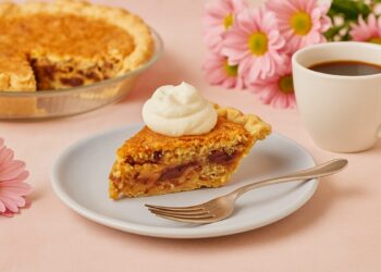 Парче шоколадов пай с пекани, поднесено в чиния с вилица, до чаша кафе и свежи цветя на маса в меки пастелни тонове.