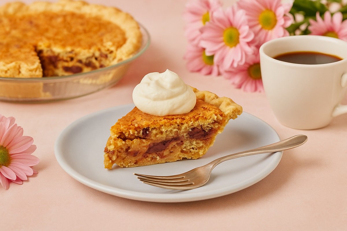 Парче шоколадов пай с пекани, поднесено в чиния с вилица, до чаша кафе и свежи цветя на маса в меки пастелни тонове.