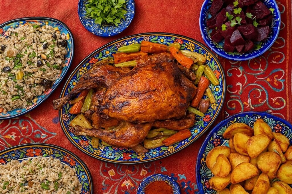 Традиционно турско печено пиле с ориз, кестени и стафиди, поднесено с печени картофи и салата от червено цвекло – празнично ориенталско ястие в домашен стил.
