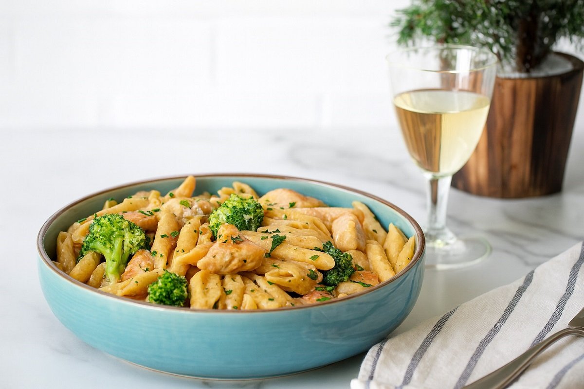 Чиния с паста пене с пиле Алфредо, броколи и сметаново-пармезанов сос, поднесена в синя керамична купа на мраморна повърхност, до чаша бяло вино и ленена салфетка.