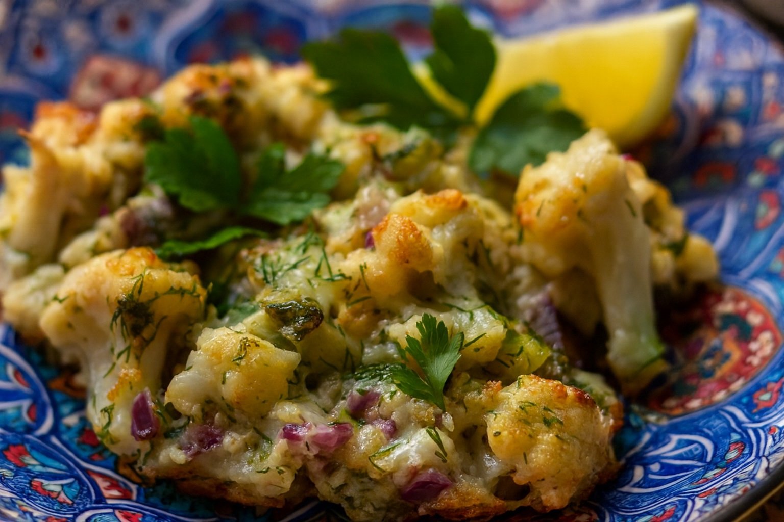 Крупен план на печен карфиол с бяло сирене, копър и лук, поднесен в ориенталски стил върху бяла чиния с лимонов резен и пресен магданоз, с меко осветление и турски керамични мотиви на заден план.