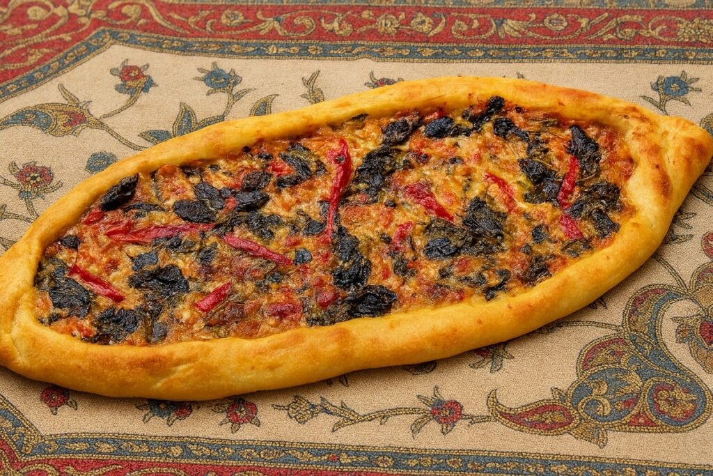 Прясно изпечена турска питка пиде с плънка от сирене, спанак и чушки, поднесена върху хартия за печене, с ориенталски орнаменти на заден фон.