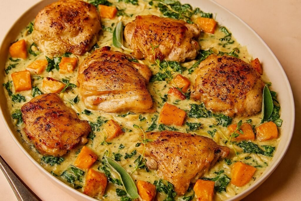 „Ароматно ястие с пилешки бутчета, запечени с парчета тиква, зелени листни зеленчуци и подправки в златист сос, поднесено в елегантен овален съд – идеално за уютна есенна вечеря.“