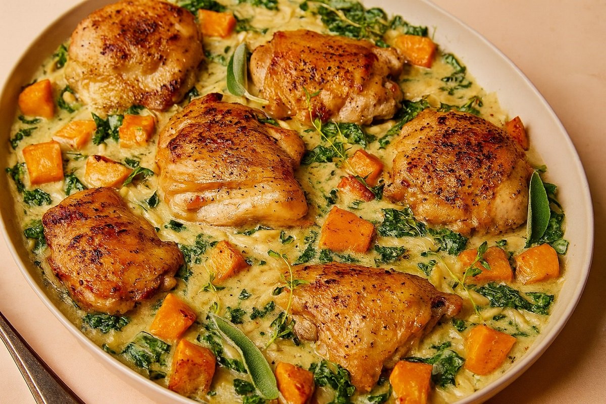 „Ароматно ястие с пилешки бутчета, запечени с парчета тиква, зелени листни зеленчуци и подправки в златист сос, поднесено в елегантен овален съд – идеално за уютна есенна вечеря.“