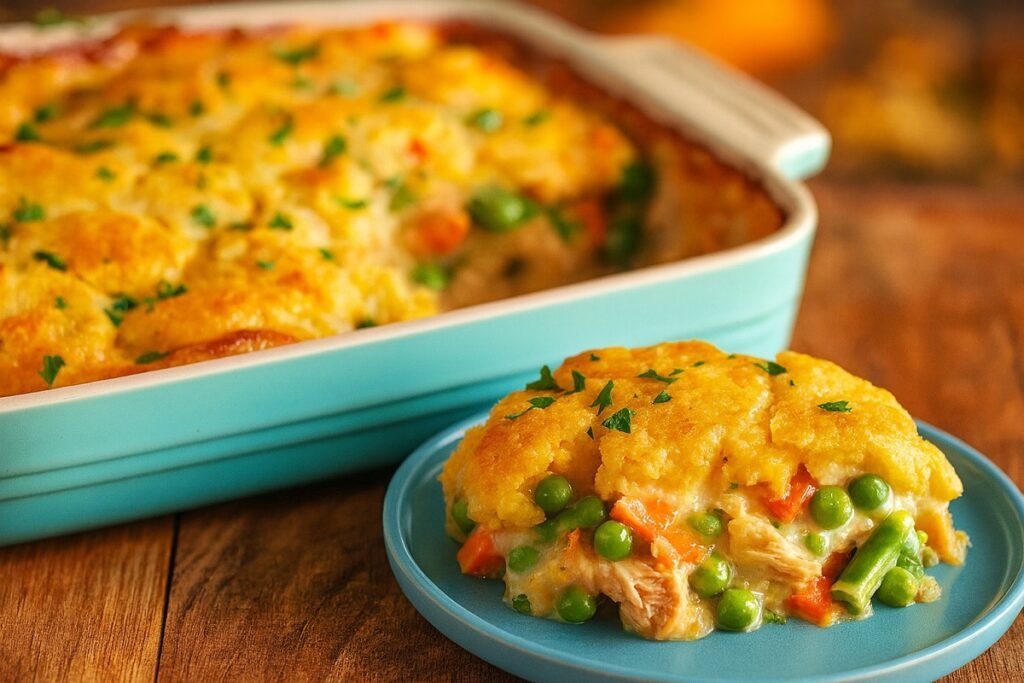 Домашна пилешка запеканка със зеленчуци, изпечена със златиста коричка в керамична тава, със сервирано парче в чиния отпред.“