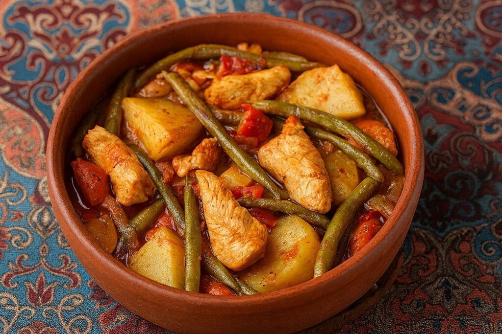 Традиционен тюрлю гювеч с пилешко, картофи, зелен фасул и чушки, поднесен в глинен съд върху ориенталска шарена покривка.