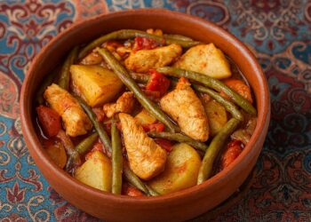 Традиционен тюрлю гювеч с пилешко, картофи, зелен фасул и чушки, поднесен в глинен съд върху ориенталска шарена покривка.