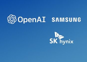 Лого на OpenAI, Samsung и SK Hynix върху фоново изображение с технологични елементи, символизиращо партньорството им по проекта Stargate за развитие на изкуствения интелект.