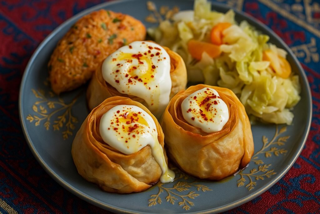 „Близък кадър на турски печени розички (Гюл мантъ) – хрупкави кори за баница, пълнени с гъби, залети с чесново кисело мляко и масло с червен пипер, поднесени в ориентален стил върху меден поднос.“