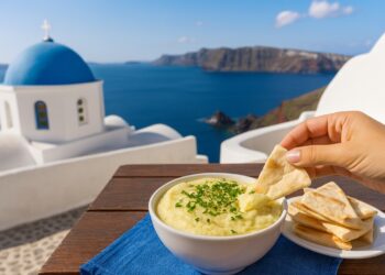 Купа със скордалиа – традиционен гръцки дип от картофи, чесън и зехтин, сервирана с пита хляб на тераса с изглед към морето и куполните църкви на Санторини.