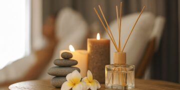 „Ароматна свещ, дифузер с дървени пръчици, подредени камъчета и цветя върху дървена масичка в спокойна спа обстановка с мека светлина.“
