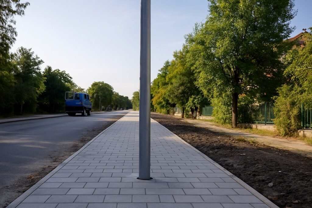 Нов тротоар на ул. „Оборище“ в Шумен с уличен стълб, поставен по средата на пешеходната алея – пример за лошо планиране и бездействие на общината.