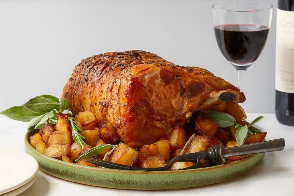 Празнично печено свинско каре с кост, гарнирано със златисти картофи и пресен розмарин, сервирано в зелена керамична чиния с чаша червено вино на заден план.