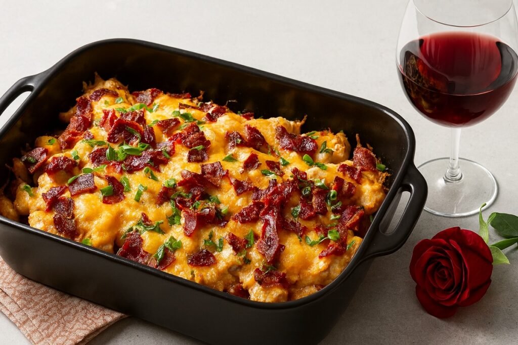 Апетитна свинска запеканка с картофи, кашкавал и бекон, поднесена в черна тавичка на маса, до чаша червено вино и червена роза, в топла и елегантна обстановка.
