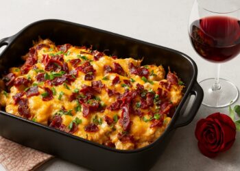 Апетитна свинска запеканка с картофи, кашкавал и бекон, поднесена в черна тавичка на маса, до чаша червено вино и червена роза, в топла и елегантна обстановка.