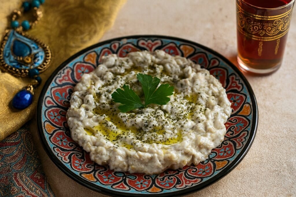 „Ориентална салата от печен патладжан с кисело мляко, чесън и билки, поднесена в декоративна шарена чиния с поръсено зехтиново масло, до нея стъклена чаша с чай и златиста ориенталска кърпа.“