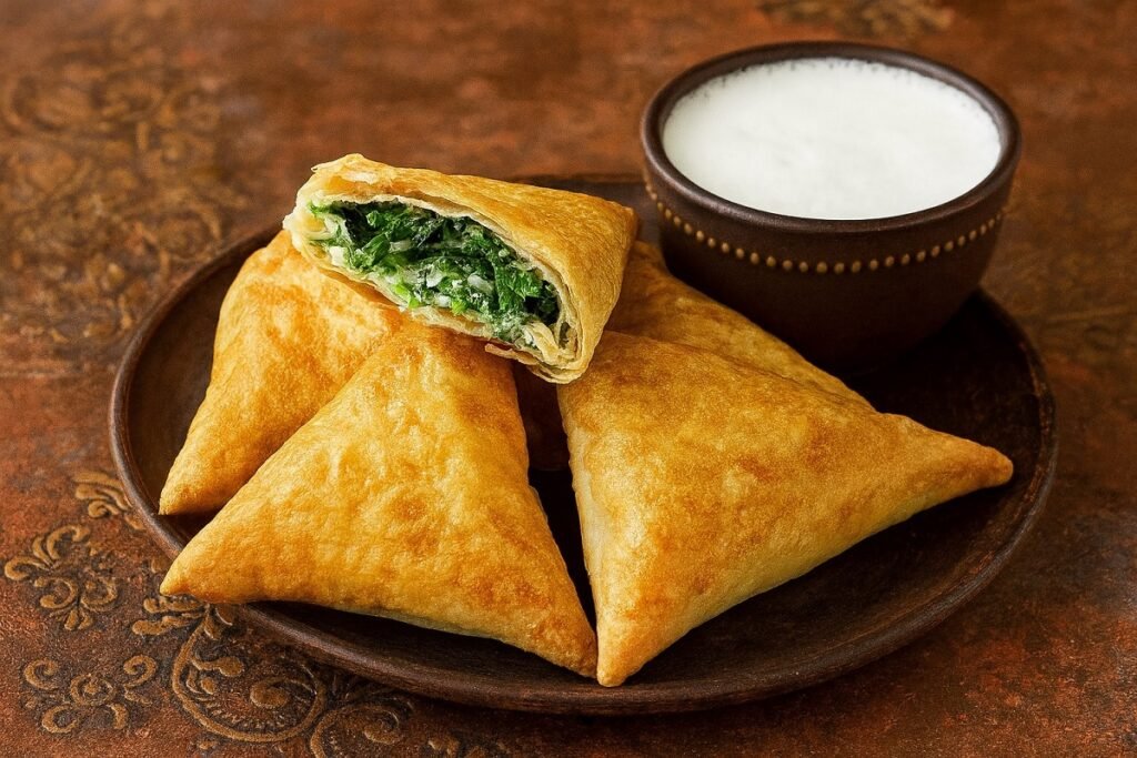 Апетитни турски банички Muska Böreği с фета и спанак, поднесени с айрян и овчарска салата върху ориенталска покривка – златисти, хрупкави и автентични.