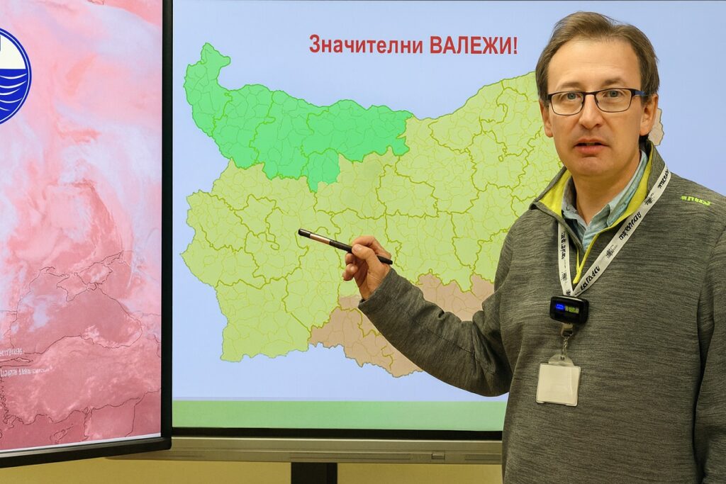 Метеоролог представя прогнозата за времето пред интерактивна карта на България, показваща очаквани значителни валежи и предупреждения за различни региони в страната.