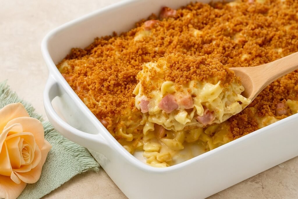 Ароматна запеканка с пилешко, шунка и разтопен кашкавал, изпечена до златисто в керамична тава, поднесена на дървена маса с цветя и чаша бяло вино на заден план.