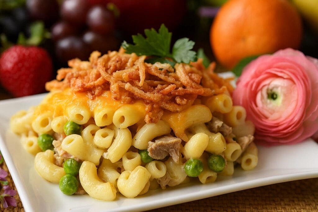 Запеканка с макарони, риба тон, грах и кашкавал, гарнирана с хрупкав лук, сервирана на бяла чиния с фон от плодове и розово цвете.“