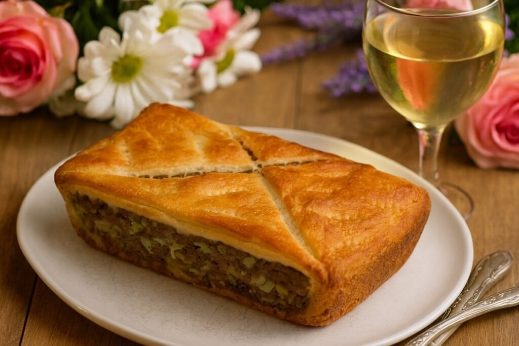 Апетитна домашна запеканка с месо и зеле, сервирана върху маса с цветя и чаша бяло вино, в стилна и цветна обстановка.