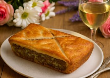 Апетитна домашна запеканка с месо и зеле, сервирана върху маса с цветя и чаша бяло вино, в стилна и цветна обстановка.